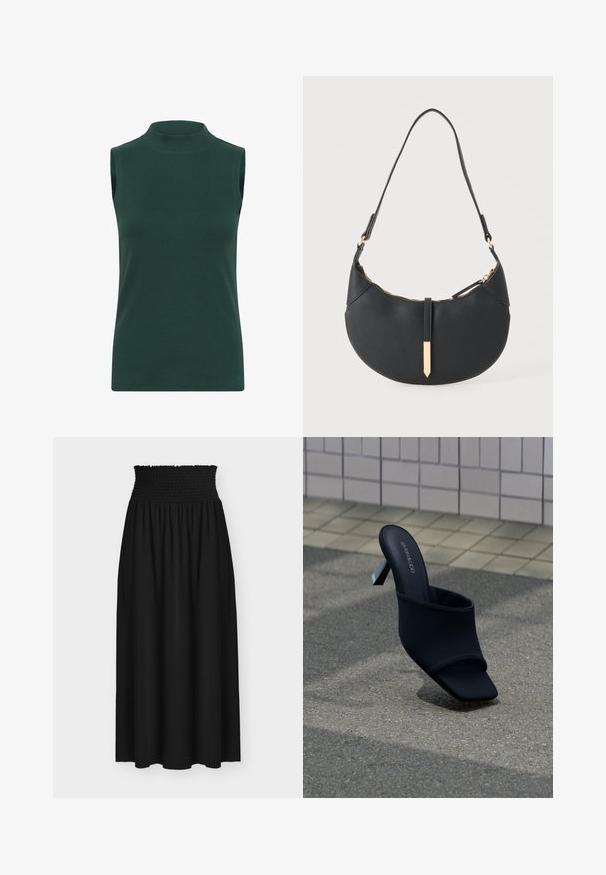 Haut à col roulé sans manches en tissu côtelé de couleur vert foncé. Caractéristiques : un col haut, une texture lisse et une coupe ajustée.; Jupe maxi noire avec large ceinture élastique smockée et tissu fluide sous la taille.; Mule noire à bout ouvert, talon bloc et bout carré, avec la marque "EVEN&ODD", posée sur un sol en pavé gris près d'un mur carrelé.; Sac à main noir en forme de croissant avec une bandoulière unique, une fermeture éclair dorée et une languette décorative rectangulaire dorée à l'avant.