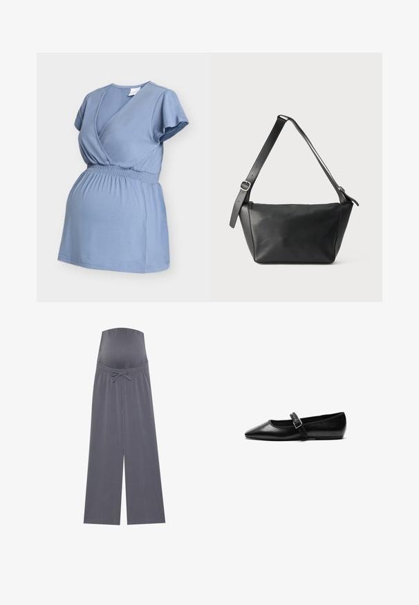 Haut de maternité bleu clair à manches courtes, col en V croisé à l'avant, et taille élastique pour le confort et l'ajustement.; Pantalon de maternité gris avec un design à jambe large, taille élastique et cordon de serrage ajustable. Fabriqué en tissu doux et extensible pour le confort.; Chaussure noire plate en cuir avec un bout pointu, bride réglable avec une boucle en métal, texture lisse et design minimaliste.; Sac à bandoulière en cuir noir avec une large sangle réglable et une boucle argentée, présenté sur un fond clair uni.