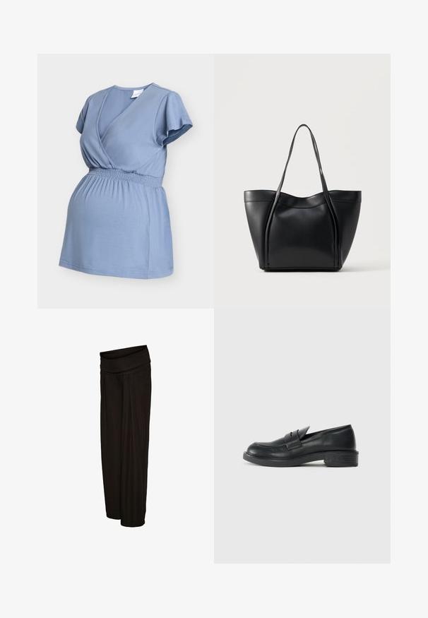 Haut de maternité bleu clair à manches courtes, col en V croisé à l'avant, et taille élastique pour le confort et l'ajustement.; Pantalon noir à jambes larges avec une ceinture plissée et une coupe ample, fabriqué en tissu léger.; Mocassins en cuir noir avec un bout arrondi, des détails cousus et un petit talon. Texture lisse et semelle en caoutchouc flexible.; Sac cabas en cuir noir avec deux longues anses et un bord supérieur légèrement incurvé, présenté sur un fond clair uni.