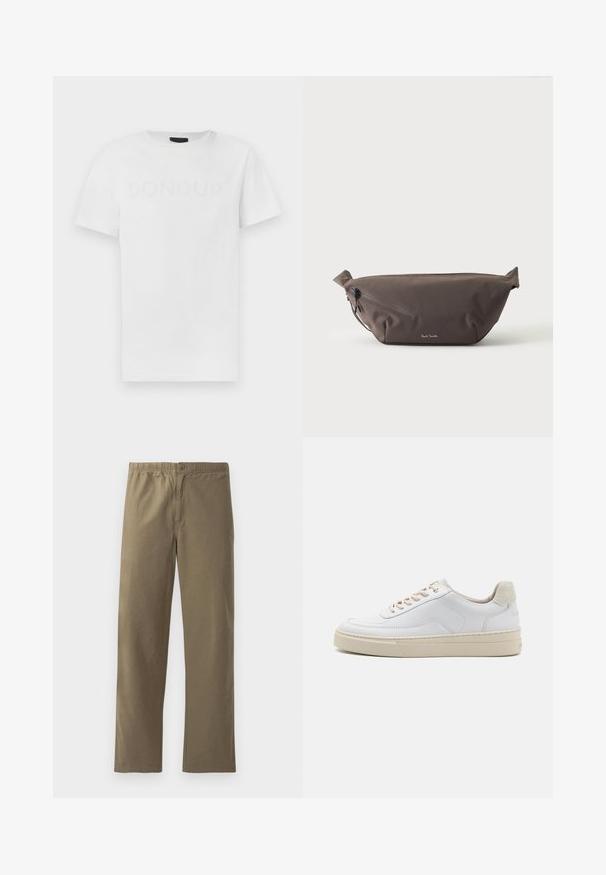 T-shirt en coton blanc avec un col rond et des manches courtes, présentant un logo "DONDUP" ton sur ton subtil imprimé sur le devant.; Pantalons kaki en tissu léger. Dotés d'une taille élastique, d'une fermeture à boutons, de jambes droites et d'une texture lisse.; Sneaker blanche avec un dessus en cuir lisse, des lacets beige et un onglet de talon en daim beige texturé. Semelle surélevée pour une hauteur supplémentaire.; Sac banane en tissu marron foncé avec poche zippée en diagonale et petit logo blanc sur le devant, sur un fond clair uni.
