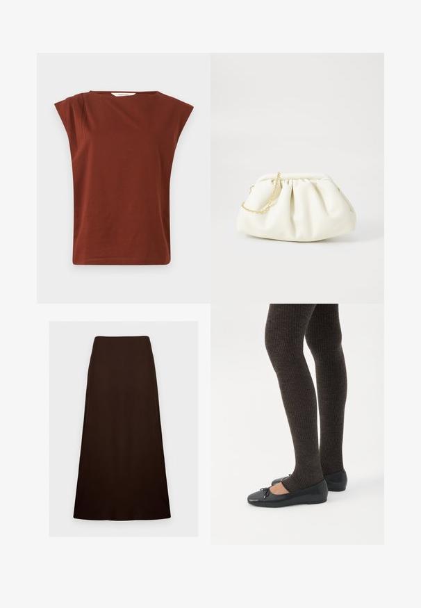 Haut marron rouille sans manches avec larges épaulettes et encolure ronde, fabriqué en tissu doux, présenté sur un fond uni.; Jupe marron foncé, longueur cheville, forme trapèze avec une texture lisse et unie et une taille ajustée sur un fond blanc uni.; Jambes portant des leggings côtelés foncés associés à des ballerines noires avec de petits détails en nœud sur fond blanc.; Sac à main en cuir blanc avec un design plissé, doté d'une bandoulière en chaîne dorée et d'une forme arrondie. Texture lisse avec des plis doux et sans motifs.