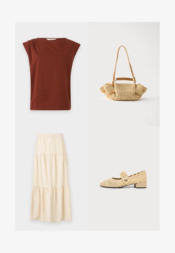 Haut marron rouille sans manches avec larges épaulettes et encolure ronde, fabriqué en tissu doux, présenté sur un fond uni.; Jupe beige à volants avec une ceinture élastique et trois sections froncées créant une coupe fluide et ample.; Chaussure Mary Jane tissée beige avec un petit talon bloc et une bride à boucle sur le dessus sur un fond uni.; Sac à main beige tressé avec une longue lanière fine et des côtés froncés, avec une petite poignée enveloppée de cuir pour différentes options de port.