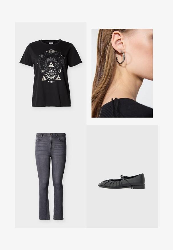 Μαύρο βαμβακερό t-shirt με κεντρικό λευκό γραφικό ενός τριγώνου με μάτι, περιτριγυρισμένο από ουράνια σύμβολα και ακτίνες. Απλός στρογγυλός λαιμός.; Γκρι τζιν παντελόνι στενής εφαρμογής με πέντε τσέπες, μπροστινό κούμπωμα με κουμπιά και φερμουάρ, που διαθέτει διακριτική ξεθώριαση και λεπτομέρειες ραφής.; Μαύρο πλατφόρμα παπούτσι με πιεταρισμένη μπροστινή σχεδίαση και δεμένη φιγούρα στο πάνω μέρος, κοντό τακούνι και λεία υφή πάνω σε ανοιχτό γκρι φόντο.; Ασημένιο σκουλαρίκι κρίκος με γυαλιστερή φινίρισμα, που διαθέτει μικρές χρυσές λεπτομέρειες και στρογγυλό σχήμα, φορεμένο στον λοβό.