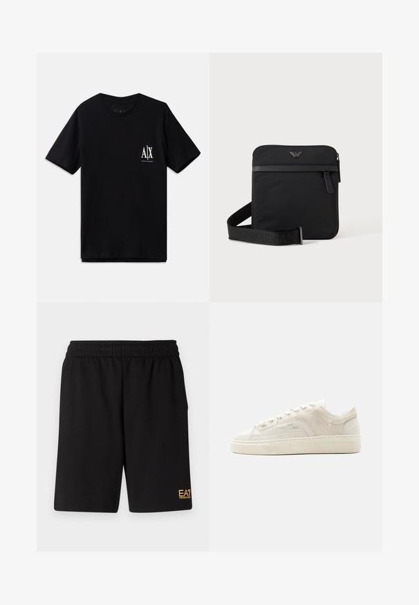 Camiseta de manga corta negra de algodón, con un pequeño logo blanco en el lado izquierdo del pecho. Diseño simple de cuello redondo, textura suave.; Pantalones cortos deportivos negros de tejido suave, con una cintura elástica y un pequeño logo amarillo de EA7 en la parte inferior de la pierna izquierda.; Zapatilla blanca de caña baja con cierre de cordones, parte superior de tela texturizada y suela gruesa de goma, mostrada desde el lado exterior sobre un fondo llano.; Bolso de hombro negro cuadrado con cierre de cremallera, bolsillo delantero y correa ajustable con nombre de marca en relieve.