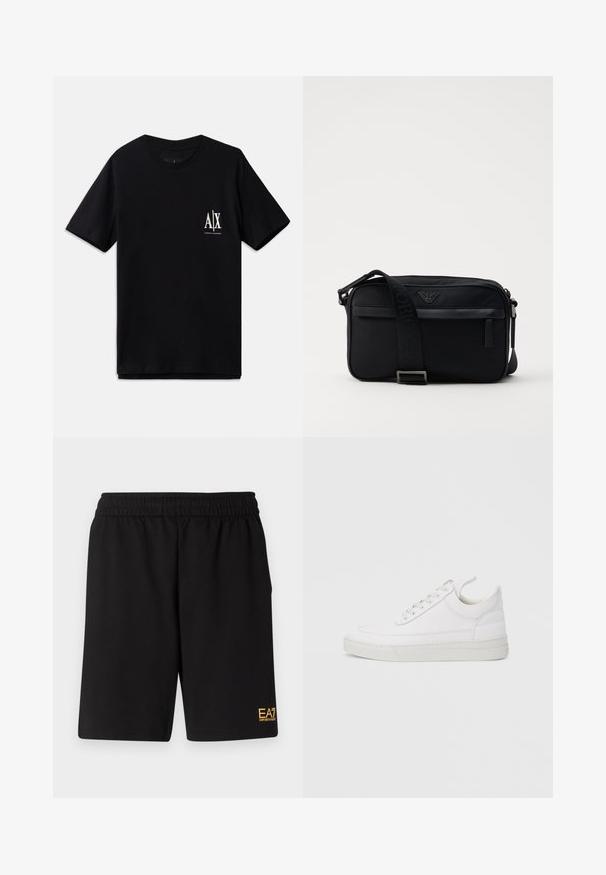 Schwarzes T-Shirt mit kurzen Ärmeln aus Baumwolle, ausgestattet mit einem kleinen weißen Logo auf der linken Brust. Einfaches Rundhalsausschnitt-Design, glatte Textur.; Schwarze Sportshorts aus weichem Material, mit einem elastischen Bund und einem kleinen gelben EA7-Logo am unteren linken Bein.; Weißer Ledersneaker mit abgerundetem Zehenbereich, flacher Sohle und Schnürverschluss. Verfügt über Nahtdetails und einen gepolsterten Kragen für zusätzlichen Komfort.; Schwarze Nylon-Schultertasche mit einem kontrastierenden Riemen, schlanker rechteckiger Form, Logo-Detail und einer Reißverschlusstasche auf der Vorderseite.