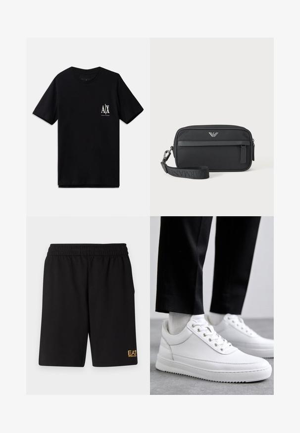Schwarzes T-Shirt mit kurzen Ärmeln aus Baumwolle, ausgestattet mit einem kleinen weißen Logo auf der linken Brust. Einfaches Rundhalsausschnitt-Design, glatte Textur.; Schwarze Sportshorts aus weichem Material, mit einem elastischen Bund und einem kleinen gelben EA7-Logo am unteren linken Bein.; Weiße Leder-Sneaker mit flacher Gummisohle, ausgestattet mit einer glatten Oberfläche, runder Zehenpartie und Metallösen für die Schnürsenkel. Getragen mit schwarzen Hosen.; Schwarze rechteckige Armbanduhr-Tasche mit vorderer Reißverschlusstasche, silbernem Logo-Emblem und abnehmbarem Riemen mit gebrandetem Text.