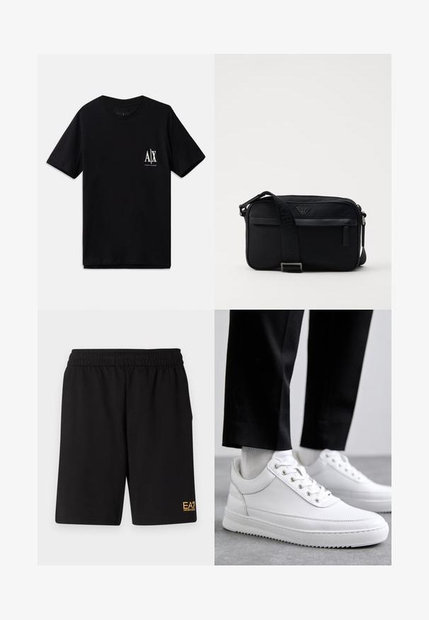 Camiseta de manga corta negra de algodón, con un pequeño logo blanco en el lado izquierdo del pecho. Diseño simple de cuello redondo, textura suave.; Pantalones cortos deportivos negros de tejido suave, con una cintura elástica y un pequeño logo amarillo de EA7 en la parte inferior de la pierna izquierda.; Zapatillas de cuero blanco con una suela de goma plana, que presentan un acabado suave, punta redonda y ojetes de metal para los cordones. Llevadas con pantalones negros.; Bolso de hombro negro de nailon con una correa de contraste, forma rectangular elegante, detalle del logo y un bolsillo con cremallera en la parte frontal.