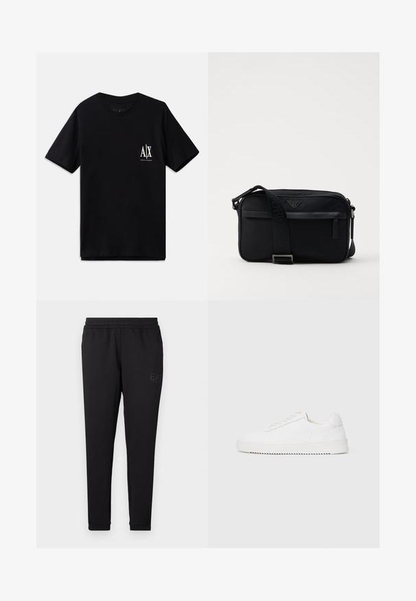 Schwarzes T-Shirt mit kurzen Ärmeln aus Baumwolle, ausgestattet mit einem kleinen weißen Logo auf der linken Brust. Einfaches Rundhalsausschnitt-Design, glatte Textur.; Schwarze Sweatpants aus weichem Material, mit einem elastischen Bund, engen Bündchen und einem kleinen Logo, das an der Seite aufgedruckt ist.; Weißer Sneaker mit einem Obermaterial aus glattem Leder, abgerundetem Zehenbereich, Schnürsenkeln, strukturierten seitlichen Akzenten und einer dicken Gummisohle. Minimalistisches Design.; Schwarze Nylon-Schultertasche mit einem kontrastierenden Riemen, schlanker rechteckiger Form, Logo-Detail und einer Reißverschlusstasche auf der Vorderseite.