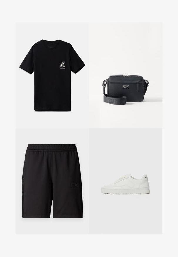 Camiseta de manga corta negra de algodón, con un pequeño logo blanco en el lado izquierdo del pecho. Diseño simple de cuello redondo, textura suave.; Pantalones cortos deportivos negros hechos de un tejido ligero, con una cinturilla elástica y paneles laterales de malla. Logo de la marca impreso en la parte delantera.; Zapatilla de cuero blanca con un acabado suave, puntera redonda, cordones planos y suela texturizada. Cuenta con un sutil logo en el talón.; Bolsa bandolera negra hecha de material texturizado. Presenta un cierre con cremallera, un bolsillo frontal con cremallera y un acento de logo metálico. Incluye una correa ajustable.