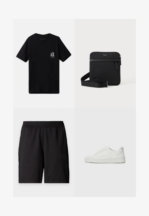 Camiseta de manga corta negra de algodón, con un pequeño logo blanco en el lado izquierdo del pecho. Diseño simple de cuello redondo, textura suave.; Pantalones cortos deportivos negros hechos de un tejido ligero, con una cinturilla elástica y paneles laterales de malla. Logo de la marca impreso en la parte delantera.; Zapatilla de cuero blanca con un acabado suave, puntera redonda, cordones planos y suela texturizada. Cuenta con un sutil logo en el talón.; Bolso de hombro negro cuadrado con cierre de cremallera, bolsillo delantero y correa ajustable con nombre de marca en relieve.