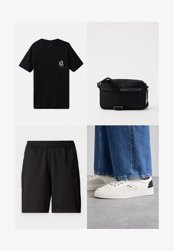 Zwarte t-shirt met korte mouwen van katoen, met een klein wit logo op de linkerborst. Eenvoudig ronde hals ontwerp, gladde textuur.; Zwarte sportshorts van lichtgewicht stof, met een elastische tailleband en zijpanelen van mesh. Merklogo gedrukt op de voorkant.; Witte en zwarte sneakers met een glad leren bovenwerk, textuuraccenten en een chunky witte zool. Heeft een klassiek vetersluiting ontwerp.; Zwarte nylon schoudertas met een contrasterende schouderband, een slank rechthoekig ontwerp, een logo-detail en een ritszak aan de voorkant.