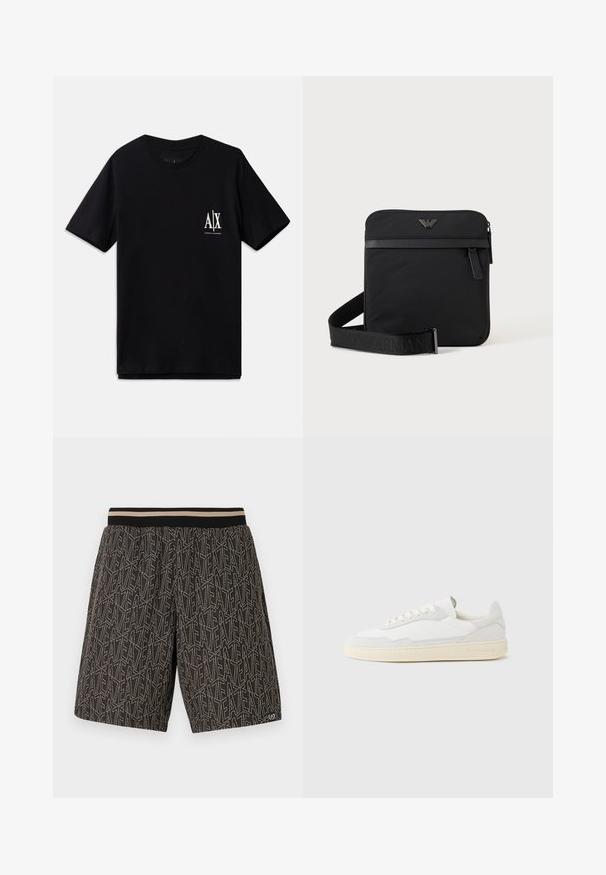 Schwarzes T-Shirt mit kurzen Ärmeln aus Baumwolle, ausgestattet mit einem kleinen weißen Logo auf der linken Brust. Einfaches Rundhalsausschnitt-Design, glatte Textur.; Schwarze Shorts mit einem strukturierten Muster aus diagonalen Linien und dem Text "EAT" in Beige. Elastischer Bund mit kontrastierenden Streifen.; Weißer Sneaker mit strukturiertem Obermaterial aus Wildleder und Leder. Verfügt über eine runde Zehenpartie, Schnürverschluss und eine kontrastierende beige Gummisohle.; Schwarze quadratische Schultertasche mit Reißverschluss, Vordertasche und verstellbarem Riemen mit eingeprägtem Markennamen.