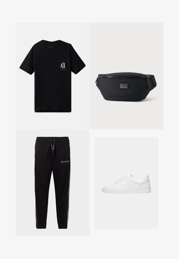 Schwarzes T-Shirt mit kurzen Ärmeln aus Baumwolle, ausgestattet mit einem kleinen weißen Logo auf der linken Brust. Einfaches Rundhalsausschnitt-Design, glatte Textur.; Schwarze Jogginghose aus Baumwollmischung mit einem gerippten Bund, seitlichen weißen Streifen und Logo-Stickerei auf dem linken Oberschenkel.; Weißer Sneaker mit niedrigem Schaft, Schnürdesign, glattem Lederobermaterial und dicker Sohle, von der Seite auf einfachem Hintergrund gezeigt.; Schwarze Stoff-Gürteltasche mit vorderem Reißverschluss und kleinem Metall-Logoschild in der Mitte, vor einem schlichten Hintergrund präsentiert.