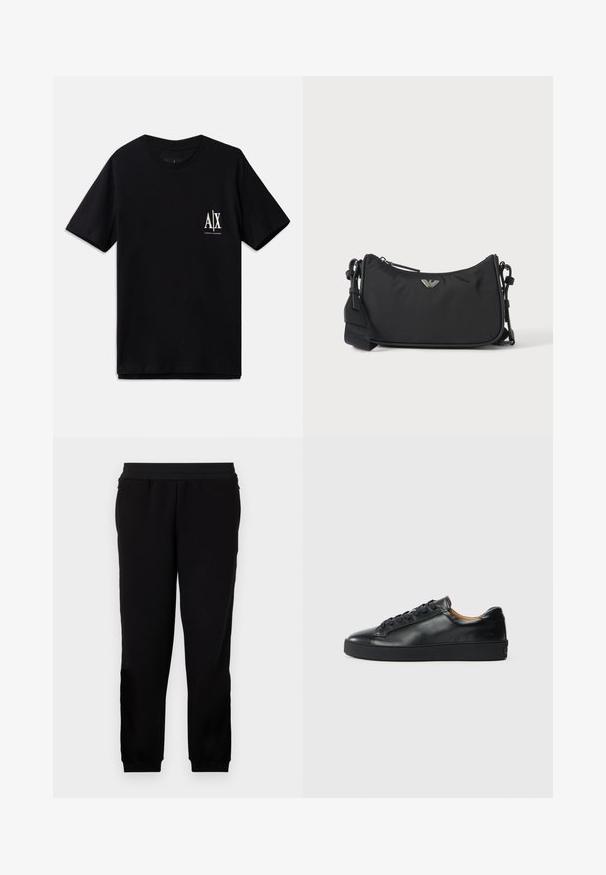 Schwarzes T-Shirt mit kurzen Ärmeln aus Baumwolle, ausgestattet mit einem kleinen weißen Logo auf der linken Brust. Einfaches Rundhalsausschnitt-Design, glatte Textur.; Schwarze Sweatpants aus einem weichen Material, mit elastischem Bund, eng anliegenden Bündchen und Seitentaschen für zusätzlichen Komfort.; Schwarze Leder-Sneaker mit glatter Textur, runder Zehenpartie und Schnürverschluss. Verfügt über eine dicke Gummisohle und minimalistische Marken-Details.; Schwarze rechteckige Crossbody-Tasche mit silbernem Markenlogo-Emblem und verstellbarem Riemen auf hellem Hintergrund.