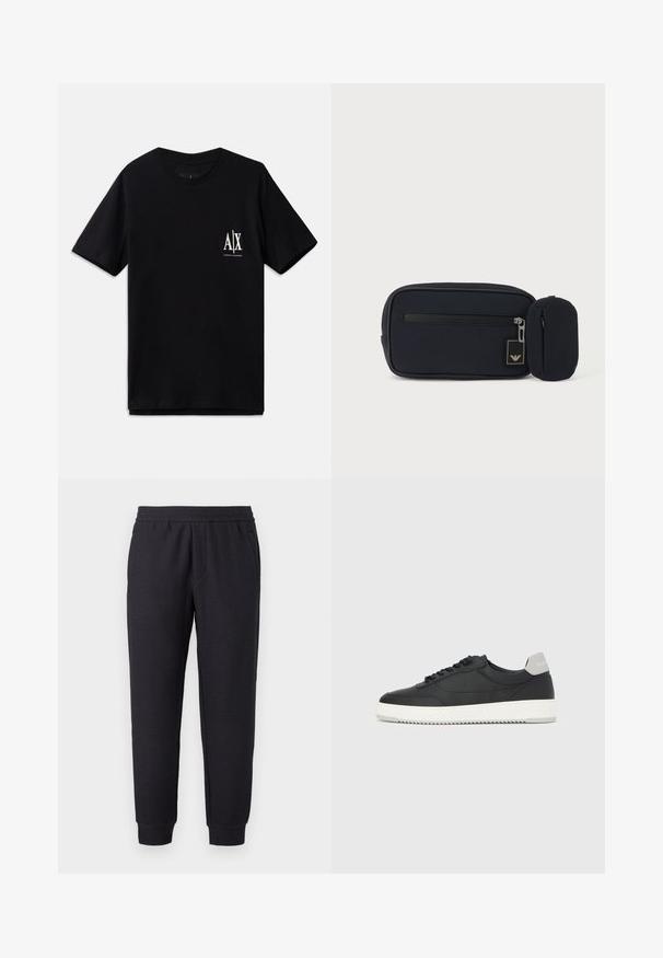 Zwarte t-shirt met korte mouwen van katoen, met een klein wit logo op de linkerborst. Eenvoudig ronde hals ontwerp, gladde textuur.; Zwarte taps toelopende joggingbroek met elastische tailleband en boorden, voorzien van een subtiel textuurpatroon en zijzakken.; Zwarte lage sneaker met witte zool en grijze hieltab, zijaanzicht op een effen witte achtergrond.; Zwart rechthoekig tasje met ritssluiting aan de voorkant en een klein aangehecht afgerond tasje, tegen een effen lichte achtergrond.