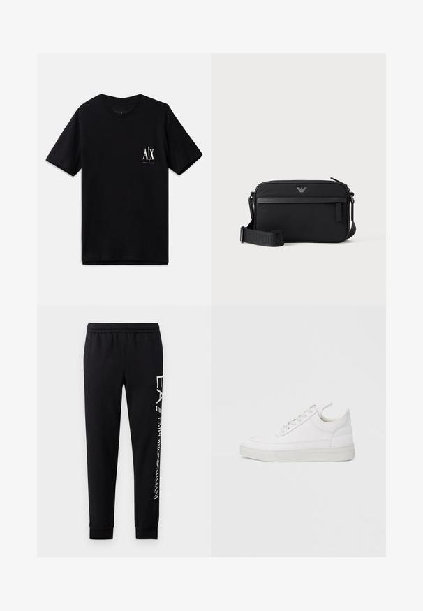 Camiseta de manga corta negra de algodón, con un pequeño logo blanco en el lado izquierdo del pecho. Diseño simple de cuello redondo, textura suave.; Pantalones de chándal negros hechos de una mezcla de algodón, con una cinturilla elástica, piernas estrechas, puños acanalados y estampado de logo blanco en el lateral.; Zapatilla blanca de cuero con punta redondeada, suela plana y cierre de cordones. Presenta detalles de costuras y un cuello acolchado para mayor comodidad.; Bolso bandolera rectangular negro con bolsillo frontal con cremallera, correa ajustable y pequeño logo metálico en el centro superior.