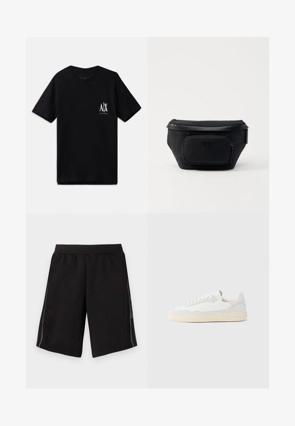 Camiseta de manga corta negra de algodón, con un pequeño logo blanco en el lado izquierdo del pecho. Diseño simple de cuello redondo, textura suave.; Pantalones cortos deportivos negros con cinturilla elástica, con paneles de malla lateral y un logo en la pierna izquierda. Textura de tela suave.; Zapatilla blanca con parte superior texturizada de ante y cuero. Presenta una puntera redondeada, cierre con cordones y suela de goma beige contrastante.; Bolsa negra de nailon con un bolsillo delantero con cremallera, presenta una textura lisa y un acento de logo. Diseño estructurado con una tapa plegable.