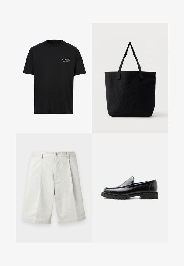 Zwarte katoen T-shirt met korte mouwen en een ronde hals. Bevat witte tekst "ALLSAINTS" en "LONDEN" op de linkerborst.; Lichtgrijze korte broek van gestructureerde stof, met knoopsluiting, plooien en een rechte snit, geschikt voor casual draagstijl.; Zwarte leren loafer met dikke rubberen zool, gestikte bovenkant en gegraveerde merknaam op de hiel, zijaanzicht op witte achtergrond.; Zwarte canvas tas met twee schouderbanden en een subtiel, ingebosseleerd cirkelvormig ontwerp aan de voorkant.