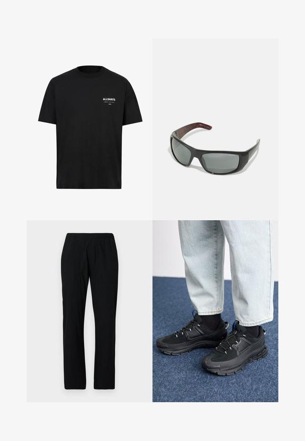 Sort bomulds t-shirt med korte ærmer og rund hals. Har hvid tekst "ALLSAINTS" og "LONDON" på venstre brystområde.; Sorte, løstsiddende bukser med elastisk talje, to sidelommer og en glat, let stofstruktur.; Sorte træningssko med tekstureret stof og gummisåler, udstyret med elastiske snørebånd og en blå detalje på hælen. Bæres med lyse denimbukser.; Arnette HOT SHOT - Solbriller - dark grey