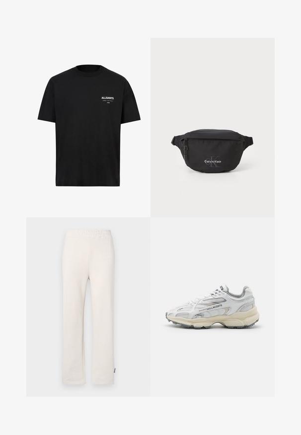 T-shirt en coton noir à manches courtes et col ras du cou. Présente un texte blanc "ALLSAINTS" et "LONDON" sur la partie gauche de la poitrine.; Pantalons de survêtement en coton beige avec une taille élastique et un logo brodé. Design à jambes droites avec une texture lisse et des détails de couture subtils.; Baskets de sport blanches avec des accents gris, tige en maille et synthétique, design à lacets et semelle en caoutchouc texturée avec motifs de traction.; Banane noire en nylon durable, dotée d'une poche zippée et d'un logo brodé. Design compact et épuré. Bretelles ajustables.