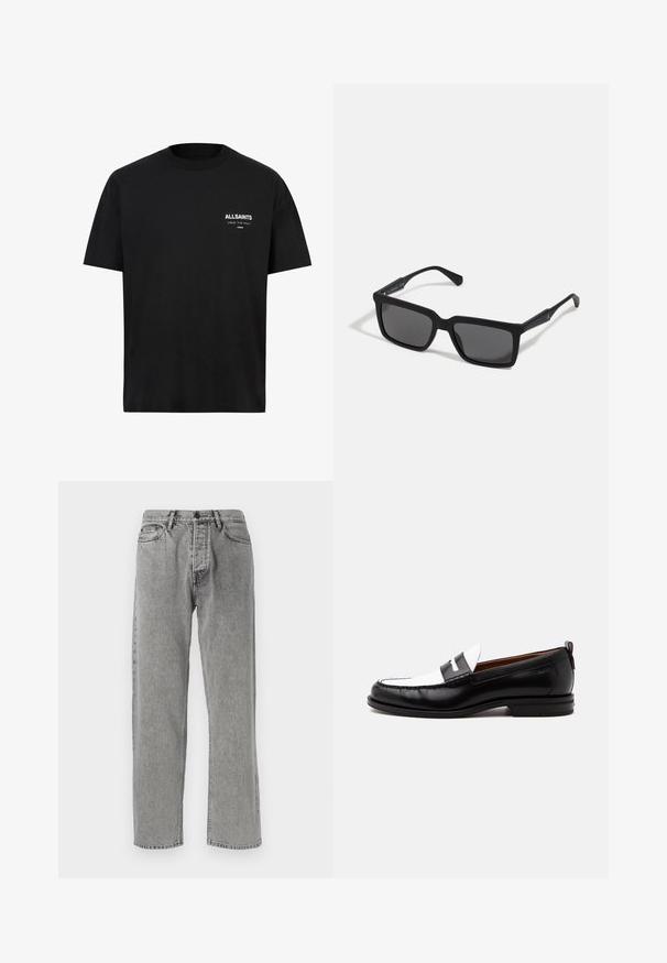 T-shirt en coton noir à manches courtes et col ras du cou. Présente un texte blanc "ALLSAINTS" et "LONDON" sur la partie gauche de la poitrine.; Jeans en denim gris avec une coupe droite, présentant un style classique à cinq poches, des coutures visibles et une fermeture éclair avec bouton.; Mocassin en cuir noir et blanc avec des détails cousus, un petit talon et un design slip-on, présenté de profil sur un fond uni.; Lunettes de soleil noires avec des verres rectangulaires, finition mate, épaisses montures et branches fines comprenant un subtil détail de marque.