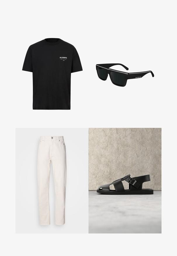 T-shirt en coton noir à manches courtes et col ras du cou. Présente un texte blanc "ALLSAINTS" et "LONDON" sur la partie gauche de la poitrine.; Jeans en denim blanc à jambe droite, avec fermeture à bouton et à fermeture éclair, passants de ceinture, et poches avant et arrière, présentés sur fond uni.; Sandale en cuir noir avec bride à boucle, design à bout ouvert, présentée sur un tapis beige avec un arrière-plan flou de meubles marron.; Calvin Klein Jeans Lunettes de soleil - black
