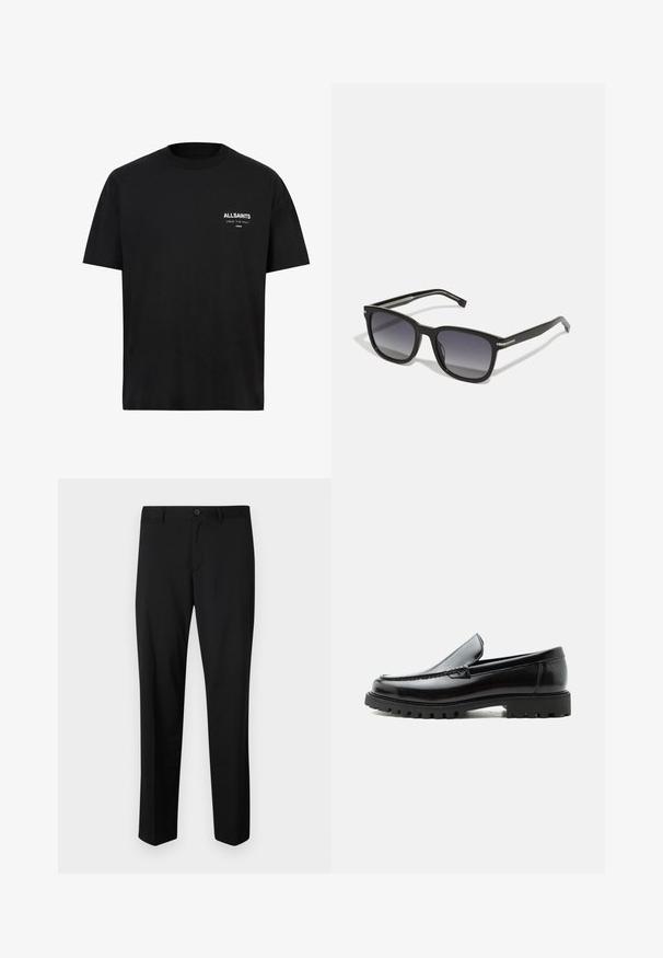 Sort bomulds t-shirt med korte ærmer og rund hals. Har hvid tekst "ALLSAINTS" og "LONDON" på venstre brystområde.; Sorte skræddersyede bukser med flad front, standard talje og lige ben. Lavet af glat stof, med en enkelt knaplukning.; Sort læderloafer med chunky gummisål, syet overdel og præget mærkenavn på hælen, vist i sideprofil på hvid baggrund.; BOSS Solbriller - black