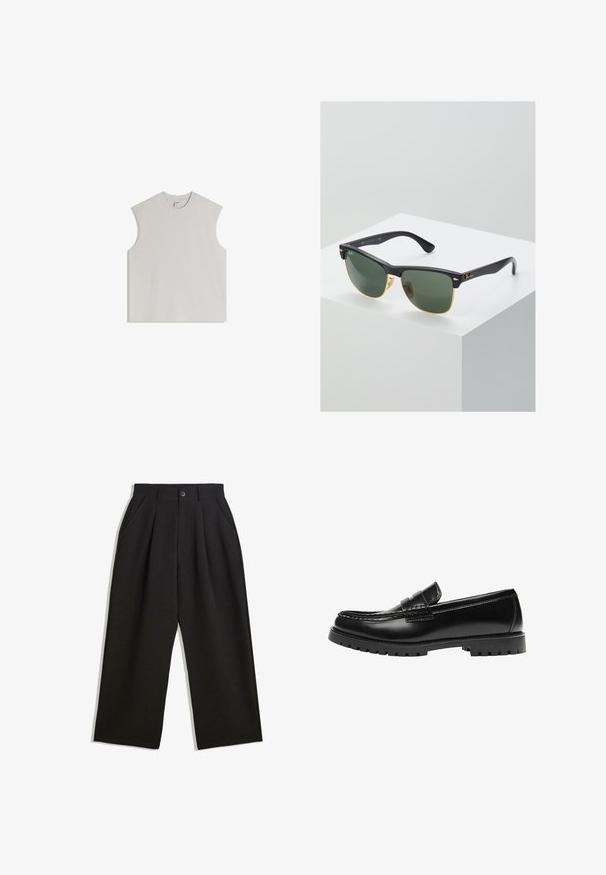 Débardeur sans manches gris clair en coton doux, doté d'un col rond, d'une coupe décontractée et d'un design minimaliste sans ornements.; Pantalons noirs à coupe décontractée, avec des plis à l'avant, des poches latérales et une fermeture à bouton. Fabriqués en tissu texturé.; Mocassin en cuir noir avec une semelle en caoutchouc épaisse et un détail classique de bride à monnaie, vu de côté extérieur.; Lunettes de soleil Ray-Ban avec des verres verts, monture en plastique noir et accents dorés sur les bords. Forme carrée avec une finition mate.