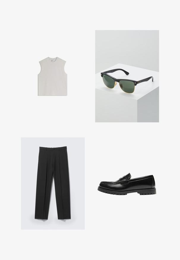 Débardeur sans manches gris clair en coton doux, doté d'un col rond, d'une coupe décontractée et d'un design minimaliste sans ornements.; Pantalon noir ajusté avec plis avant, poches latérales, passants de ceinture et fermeture par bouton à la taille sur un fond clair.; Mocassin en cuir noir avec une semelle en caoutchouc épaisse et un détail classique de bride à monnaie, vu de côté extérieur.; Lunettes de soleil Ray-Ban avec des verres verts, monture en plastique noir et accents dorés sur les bords. Forme carrée avec une finition mate.
