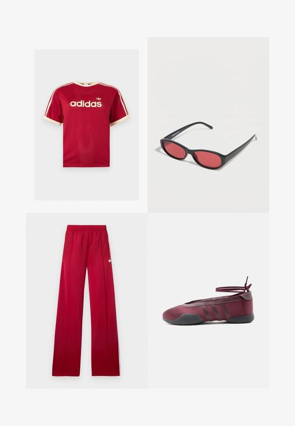 Κόκκινο διαπνέον μπλουζάκι Adidas με μπεζ φινίρισμα σε γιακά, μανίκια και τρεις ρίγες στους ώμους, με το λογότυπο της Adidas και κείμενο στο μπροστινό μέρος.; Κόκκινο παντελόνι φόρμας με φαρδιά γραμμή, ελαστική μέση, πλαϊνές τσέπες με φερμουάρ, λευκές ρίγες στα πλαϊνά και μικρό λευκό λογότυπο στο αριστερό μπούτι.; Μπαλαρίνα σε μπορντό με μαύρη σόλα, ελαστικούς ιμάντες στον αστράγαλο δεμένους σε φιόγκο και ραφές στις πλευρές, εμφανιζόμενη από την εξωτερική πλευρά.; Μαύρα οβάλ γυαλιά ηλίου με λεπτούς βραχίονες και κόκκινα φακούς, τοποθετημένα πάνω σε λευκή επιφάνεια.