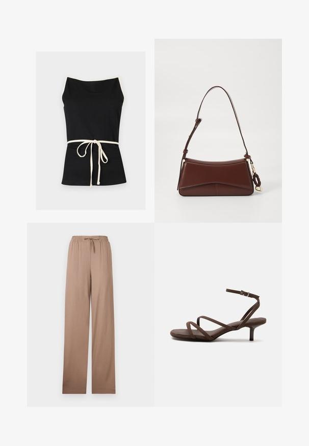 Haut noir sans manches avec bordure blanche sur les bretelles et ceinture nouée à l'avant, sur fond blanc.; Pantalon beige à jambe large avec taille élastique et cordon de serrage, en tissu léger, présenté à plat sur fond blanc.; Sandale marron à talons hauts avec fines lanières croisées et bride de cheville avec boucle argentée sur fond blanc.; Sac à main en cuir marron avec une silhouette incurvée, une seule sangle et des garnitures en or. Il présente un accent tressé et une texture lisse et mate.