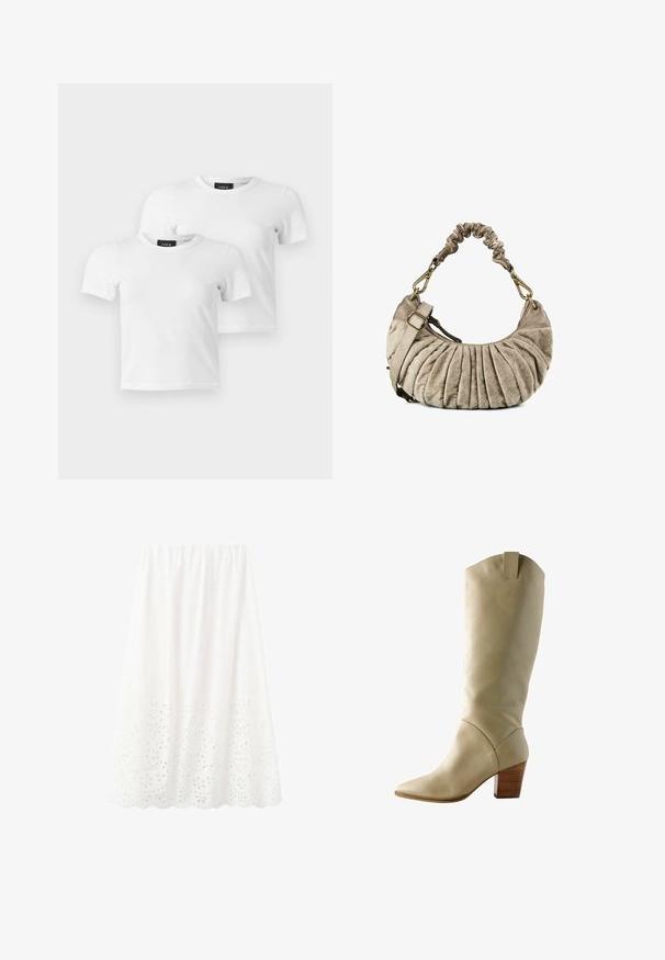 Twee eenvoudige witte T-shirts met korte mouwen en ronde hals met JJXX merklabels, weergegeven op een lichtgrijze achtergrond.; Witte midi-rok met elastische tailleband en bloemen eyelet borduurwerk langs de geschulpte zoom.; Knee-high beige leren laars met een puntenneus en een houten blokhak. Heeft een gladde textuur en een lusje aan de bovenkant voor eenvoudig aan- en uittrekken.; Zachte beige handtas in halve maanvorm met een geplooid stofontwerp, gerimpelde bovenhandgreep, verstelbare riem en goudkleurige klemmen en gesp.