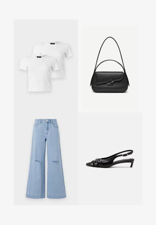 Dos camisetas blancas lisas de manga corta con cuello redondo y etiquetas de la marca JJXX, mostradas sobre un fondo gris claro.; Jeans de pernera ancha de color azul claro con una cintura alta, que cuentan con dos bolsillos frontales y dos detalles de rodillas rasgadas, elaborados en material de denim.; Zapato slingback de cuero negro con punta puntiaguda, tres hebillas plateadas en la parte delantera y tacón bajo tipo «kitten» sobre fondo blanco.; Bolso de cuero negro con bordes redondeados, solapa asimétrica, cierre circular de metal y correas de hombro cortas y largas.