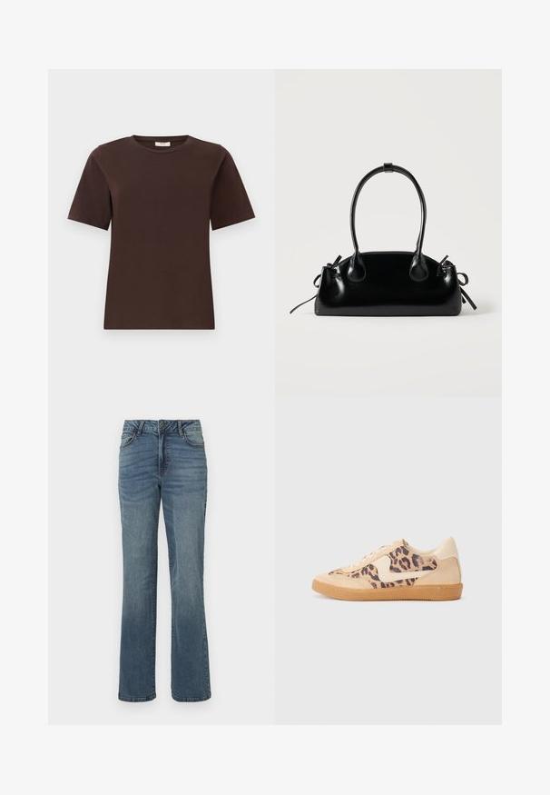 Bruine katoenen t-shirt met een klassieke ronde hals, korte mouwen en een rechte boord. Zachte textuur, geen patronen of versieringen.; Blauwe rechte jeans van denim met een sluiting met een knoop en ritssluiting aan de voorkant, voor- en achterzakken en subtiele vervagingdetails.; Luipaardprint sneakers met een beige suède bovenkant, tan rubberen zool en witte accenten. Ronde neus en vetersluiting met een gestructureerde afwerking.; Kleine zwarte glanzende handtas met twee lange hengsels en zijkant trekkoord details op een effen lichte achtergrond.