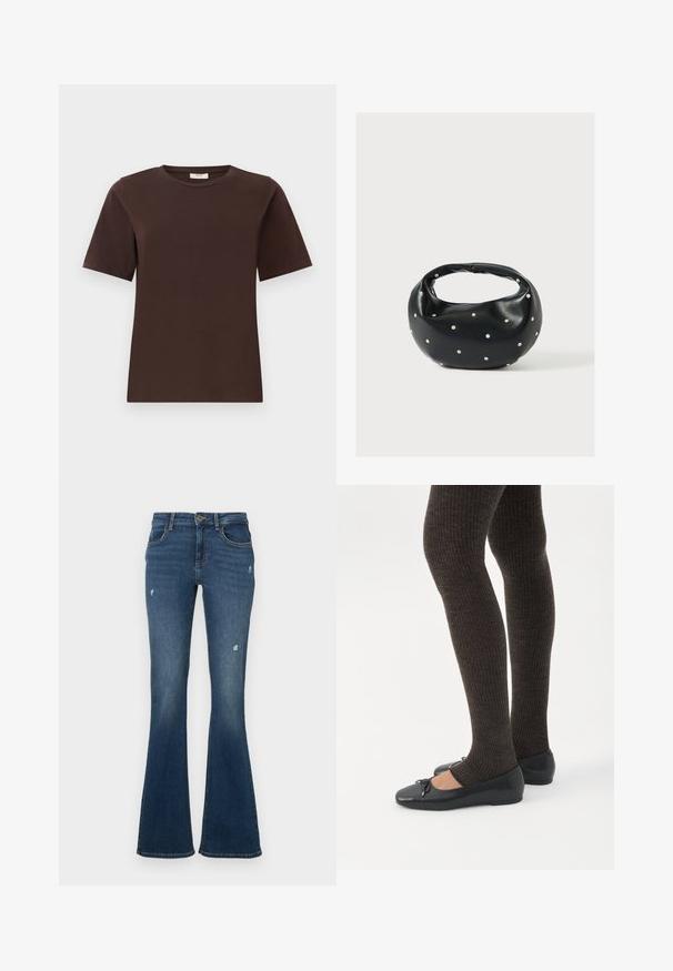 Brun bomulds t-shirt med klassisk rund hals, korte ærmer og lige kant. Blød tekstur, ingen mønstre eller udsmykninger.; Flared jeans i mørkeblå denim med slidte områder. Har fem lommer og lynlås foran. Mellemvægtigt stof med en glat tekstur.; Ben iført mørke ribbede leggings kombineret med sorte balletsko med små sløjfedetaljer på hvid baggrund.; Sort læderhåndtaske med en rundet form, dekoreret med sølvnitter, og et kort håndtag. Glat tekstur og lynlåslukning.