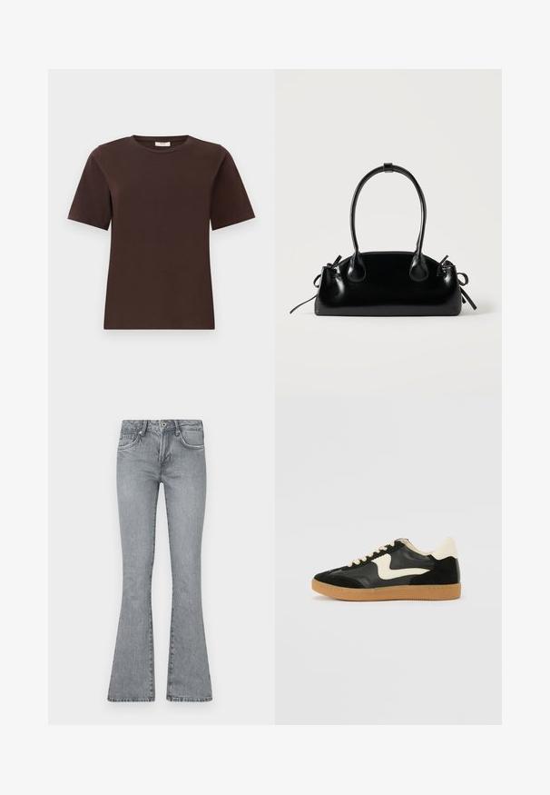 Brun bomulds t-shirt med klassisk rund hals, korte ærmer og lige kant. Blød tekstur, ingen mønstre eller udsmykninger.; Lystgrå, flagrende jeans lavet af denim. Har en høj talje, fem-lomme design og en falmet vask med syninger ved sømmene.; Sorte ruskinds- og lædersneakers med en cremefarvet side-swoosh og lys cremefarvet hæl. Har beige snørebånd og en gummirubber-sål.; Lille sort blank håndtaske med to lange håndtag og snøre-detaljer i siden på en ensfarvet lys baggrund.