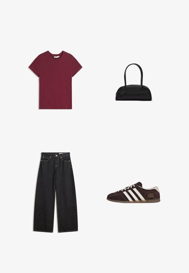 T-shirt à manches courtes avec col rond, de couleur rouge foncé unie, étalé à plat sur un fond blanc.; Jean en denim large à taille haute, avec cinq poches, des coutures contrastées et une fermeture à bouton. Texture lisse avec une coupe classique.; Baskets en suède marron avec trois bandes blanches, semelle en caoutchouc, et étiquette avec le texte "Gazelle" en or. Fermeture à lacets avec lacets gris.; Sac à main en cuir noir avec des poignées longues et arrondies et un corps rectangulaire incurvé, doté d'une fermeture éclair supérieure.