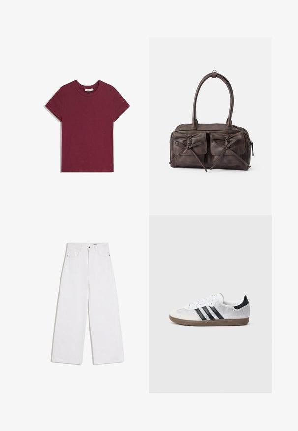 T-shirt à manches courtes avec col rond, de couleur rouge foncé unie, étalé à plat sur un fond blanc.; Jean en denim blanc à jambes larges avec poches avant, passants de ceinture et fermeture par bouton à la taille.; Baskets en mesh blanc avec des rayures noires, un embout en daim beige et un accent sur le talon, semelle en caoutchouc texturée, et lacets blancs. Design classique à tige basse.; Sac en cuir brun avec deux poches avant dotées de liens, poignées arrondies et fermeture éclaire. Texture lisse avec un subtil éclat.