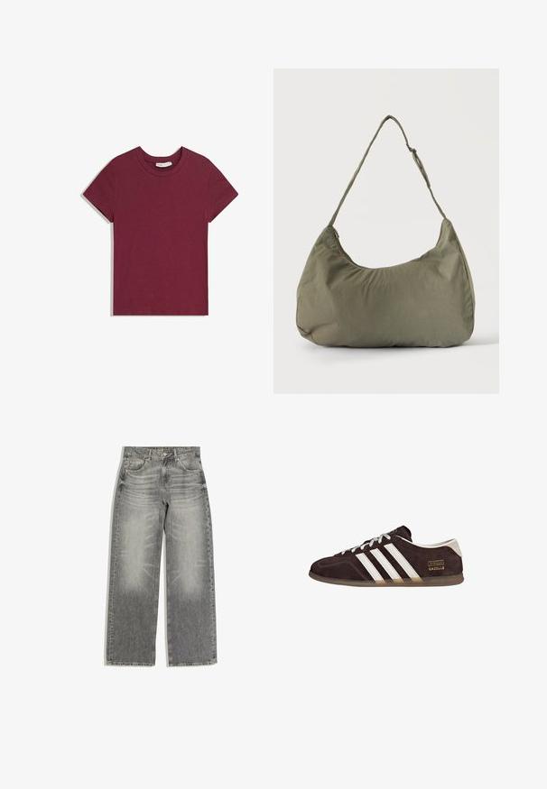 T-shirt à manches courtes avec col rond, de couleur rouge foncé unie, étalé à plat sur un fond blanc.; Jean droit gris en denim avec poches avant et arrière, fermeture par bouton et zip, et détails subtils d'effet délavé.; Baskets en suède marron avec trois bandes blanches, semelle en caoutchouc, et étiquette avec le texte "Gazelle" en or. Fermeture à lacets avec lacets gris.; Sac à épaule en tissu doux vert olive avec fermeture éclair et bandoulière réglable sur un fond uni clair.