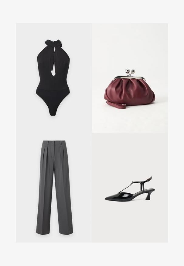 Body noir à col licou avec un col haut et une découpe en forme de goutte d'eau à l'avant, silhouette ajustée, bords sans coutures.; Pantalon large taille haute gris foncé avec plis à l'avant, passants pour ceinture et fermeture dissimulée à l'avant.; Chaussure slingback en cuir verni noir à bout pointu avec bride en T et petit talon bloc incliné sur fond blanc.; Petit sac pochette en cuir bordeaux avec fermoir métallique argenté et bracelet sur fond blanc.