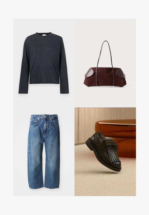 Dunkelgraues, langärmeliges, gekürztes T-Shirt aus einem leichten, leicht strukturierten Stoff. Hat einen runden Halsausschnitt und eine lockere Passform.; Blaue Denim-Jeans im lockeren, weiten Design, mit frontalen Taschen, einem Knopf- und Reißverschluss sowie dezentem Verblassen an den Knien.; Schwarzer Leder-Schnürschuh mit dekorativer Fransen und Metallnieten auf beigem Teppich neben braunen Möbeln.; Braune Wildledertasche mit Lederakzenten, strukturiertem Design, doppelten Schulterriemen und abgerundeten Kanten, ausgestattet mit einer glatten Textur und minimalem Hardware.