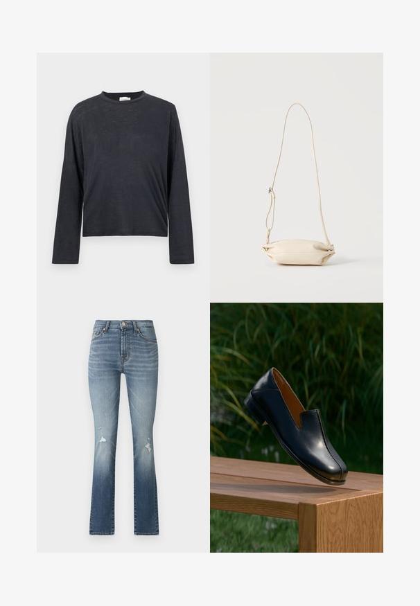 Dunkelgraues, langärmeliges, gekürztes T-Shirt aus einem leichten, leicht strukturierten Stoff. Hat einen runden Halsausschnitt und eine lockere Passform.; Hellblaue Denim-Stretch-Jeans mit weitem Bein und hoher Taille, ausgestattet mit zwei Fronttaschen und einer ausgefransten Optik an den Oberschenkeln.; Schwarzer Ledermokassin, der am Rand eines Holztisches mit grünem Laub im Hintergrund balanciert.; Kleine beige Leder-Umhängetasche mit verstellbarem Riemen, vor einem einfarbigen hellen Hintergrund präsentiert.