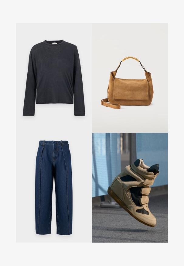 Dunkelgraues, langärmeliges, gekürztes T-Shirt aus einem leichten, leicht strukturierten Stoff. Hat einen runden Halsausschnitt und eine lockere Passform.; Dunkelblaue, hoch taillierte Jeans mit weitem Bein, vorderen Falten und Gürtelschlaufen, dargestellt auf weißem Hintergrund.; Beige und schwarze High-Top-Sneaker mit Klettverschlüssen, die über Asphalt schweben, mit blauem Stoffhintergrund und einem Metallpfosten dahinter.; Braune Wildleder-Handtasche von Moschino mit goldfarbenem, geschwungenem Griff und verstellbarem Schulterriemen vor schlichtem hellem Hintergrund.