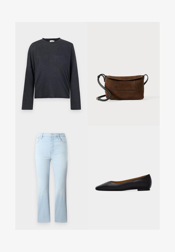 Dunkelgraues, langärmeliges, gekürztes T-Shirt aus einem leichten, leicht strukturierten Stoff. Hat einen runden Halsausschnitt und eine lockere Passform.; FRAME THE REBOOT CROP - Jeans Bootcut - light blue; Schwarzer flacher Schuh aus Leder mit spitz zulaufender Vorderkappe, niedrigem Absatz und glatter Oberfläche, von der Seite vor einem hellgrauen Hintergrund dargestellt.; Braune Wildleder-Umhängetasche mit Klappverschluss, schwarzem Lederriemen und einer Vordertasche. Einfaches Design mit Ziernähten.