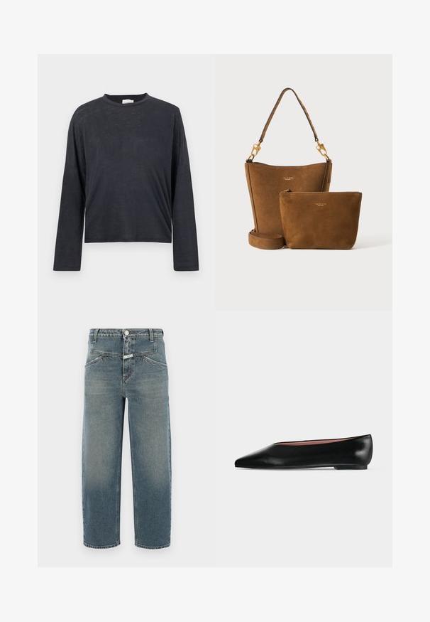 Camiseta corta de manga larga en gris oscuro, hecha de una tela ligera y ligeramente texturada. Presenta un escote redondo y un corte holgado.; CLOSED STOVER X - Vaqueros tapered - mid blue; Zapato plano negro de cuero para mujer con punta puntiaguda y tacón bajo, mostrado de lado sobre un fondo liso gris claro.; Bolso tipo cubo de ante marrón con correa desmontable y pequeño bolso con cremallera a juego, ambos con herrajes dorados y logo sutil de la marca.