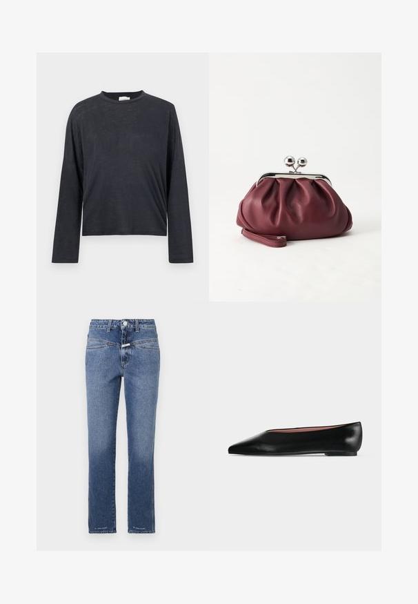 Dunkelgraues, langärmeliges, gekürztes T-Shirt aus einem leichten, leicht strukturierten Stoff. Hat einen runden Halsausschnitt und eine lockere Passform.; Jeans aus Denim in einem mittleren blauen Waschton, mit geradem Bein, mittelhohem Bund, fünf Taschen und dezenten Nähdetails.; Schwarzer flacher Damenleder-Schuh mit spitzer Kappe und niedrigem Absatz, von der Seite auf einfarbigem hellgrauem Hintergrund gezeigt.; Kleine burgunderrote Lederclutch mit silbernem Metallverschluss und Handgelenksriemen auf weißem Hintergrund.