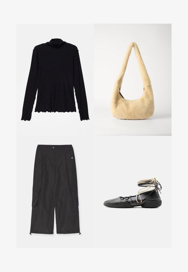 Rodebjer CISNE - Langærmet T-shirt - black; Svarte cargo-bukser lavet af letvægtsstof har sidelommer, justerbar snorekant og knaplukning.; Sort læder flad sko med tekstureret sål og beige og sorte snørebånd, der går rundt om anklen, set fra siden på en ensfarvet baggrund.; Beige shearling skuldertaske med et buet håndtag og en afrundet form. Teksturen er blød og fyldig, med minimale hardware-details.