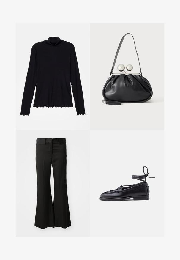 Rodebjer CISNE - Camiseta de manga larga - black; Pantalones de tiro medio en negro, acampanados y confeccionados en un material suave, que cuentan con un diseño limpio y ajustado sin adornos visibles.; Mocasín negro de cuero con suela plana y cordón que rodea el tobillo, atado en un lazo, mostrado sobre un fondo liso y claro.; Bolso de mano de cuero negro con diseño fruncido, una sola correa, marco metálico plateado y dos cierres grandes redondos de plata.