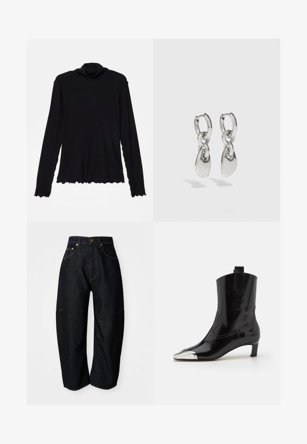 Rodebjer CISNE - Camiseta de manga larga - black; Jeans de mezclilla oscura con un corte relajado, que presentan costuras naranjas sutiles, bolsillos frontales y una cinturilla plana con un cierre de botón.; ALOHAS SHIMMER BICOLOR BOOTS - Botines - black/silver; Pendientes de aro de plata con enlaces ovalados alargados, con un acabado pulido y un colgante con textura. Diseño sencillo con bordes suaves.