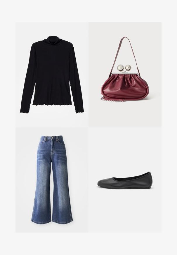 Rodebjer CISNE - Camiseta de manga larga - black; Jeans de denim de pierna ancha en azul medio, con una cintura alta, diseño de cinco bolsillos y costuras en contraste a lo largo de los dobladillos y los lados.; Bailarina de piel negra con punta redondeada, textura suave, detalle de costura minimalista y diseño de suela flexible.; Pequeño bolso de mano de cuero burdeos con detalles fruncidos, una correa fina y un cierre de plata con dos grandes pomos redondos.